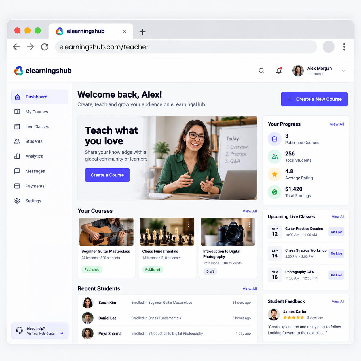 Instructor dashboard on eLearningsHub
